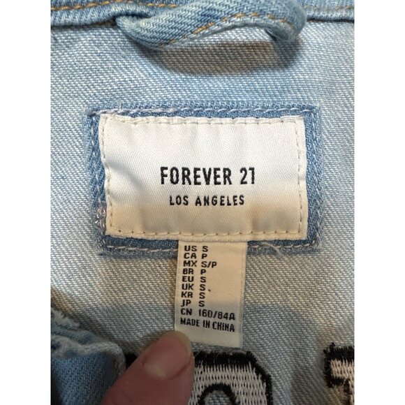 Los Angeles Girl Squad Denim Jacket Distressed Blue Forever 21 S Lightweight Cas - Picture 3 of 6